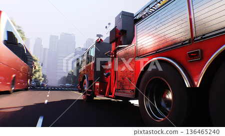 An fire engine, fire rescue driving fast on a city street.3d rendering. An fire engine, fire rescue driving fast on a city street.3d rendering. 136465240