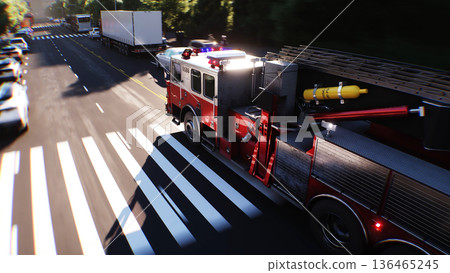An fire engine, fire rescue driving fast on a city street.3d rendering. 136465245
