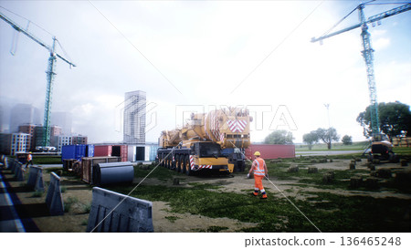 Mobile construction crane. Construction of a large industrial building or factory, building exterior. 3d rendering. Mobile construction crane. Construction of a large industrial building or factory, building exterior. 3d rendering. 136465248