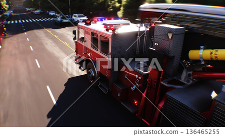 An fire engine, fire rescue driving fast on a city street.3d rendering. An fire engine, fire rescue driving fast on a city street.3d rendering. 136465255