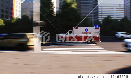 An ambulance driving fast on a city street. 3d rendering. 136465256