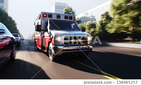 An ambulance driving fast on a city street. 3d rendering. 136465257