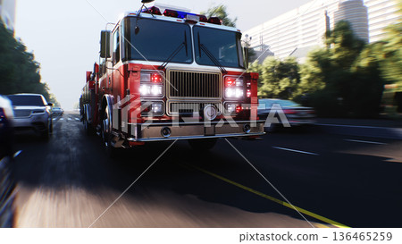 An fire engine, fire rescue driving fast on a city street.3d rendering. An fire engine, fire rescue driving fast on a city street.3d rendering. 136465259