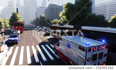 An ambulance driving fast on a city street. 3d rendering. An ambulance driving fast on a city street. 3d rendering. 136465260