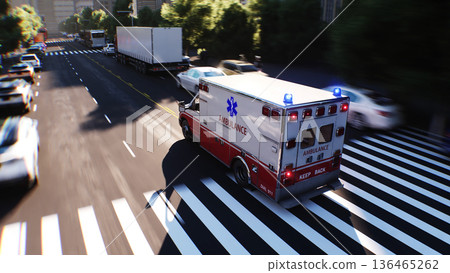 An ambulance driving fast on a city street. 3d rendering. 136465262