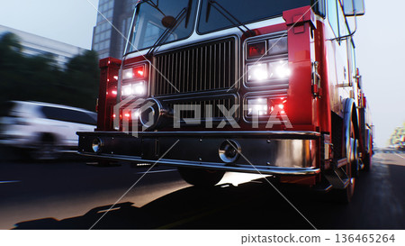 An fire engine, fire rescue driving fast on a city street.3d rendering. An fire engine, fire rescue driving fast on a city street.3d rendering. 136465264