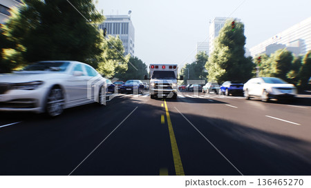 An ambulance driving fast on a city street. 3d rendering. 136465270