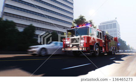 An fire engine, fire rescue driving fast on a city street.3d rendering. 136465273