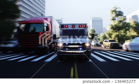 An ambulance driving fast on a city street. 3d rendering. An ambulance driving fast on a city street. 3d rendering. 136465277