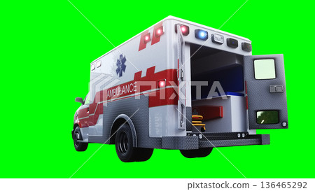 Ambulance green screen isolate. Realistic flashing lights. 3d rendering. Ambulance green screen isolate. Realistic flashing lights. 3d rendering. 136465292