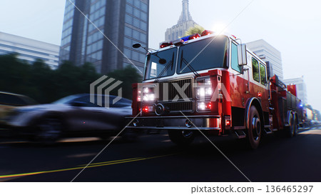 An fire engine, fire rescue driving fast on a city street.3d rendering. 136465297