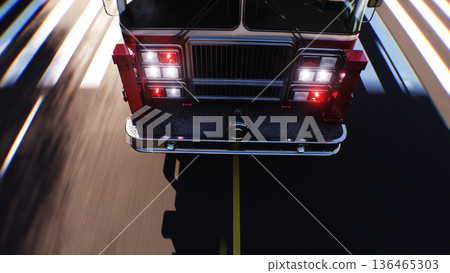 An fire engine, fire rescue driving fast on a city street.3d rendering. An fire engine, fire rescue driving fast on a city street.3d rendering. 136465303