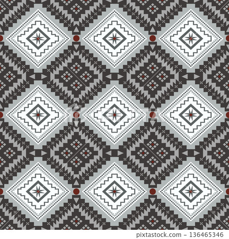 Traditional ethnic seamless pattern featuring geometric diamond shapes in grey, white and brown tone Traditional ethnic seamless pattern featuring geometric diamond shapes in grey, white and brown tone 136465346