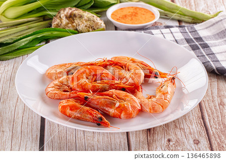 Delicous boiled tiger prawn with sauce Delicous boiled tiger prawn with sauce 136465898