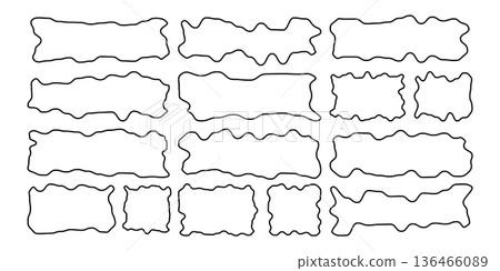 Black wavy organic shapes and hand-drawn frames, abstract borders. Irregular doodle rectangles, bubbles, and fluid forms, vector illustration. 136466089