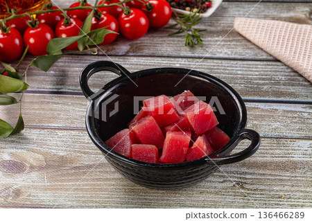 Raw tuna fish cubes heap Raw tuna fish cubes heap 136466289