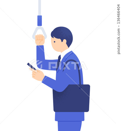 A businessman checking his email while on the move. Illustration of a man holding onto a strap on a train and operating his smartphone. 136466404