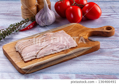 Sliced Pastrami meat fillet with spices Sliced Pastrami meat fillet with spices 136466491