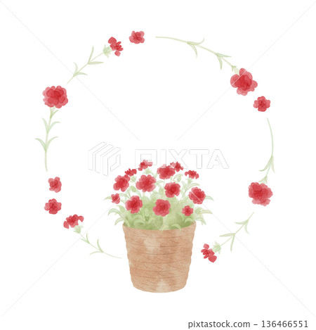 紅色康乃馨花環水彩風格 136466551