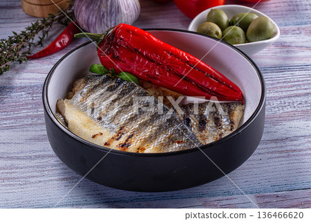 Grilled seabass fillet with ptitim Grilled seabass fillet with ptitim 136466620