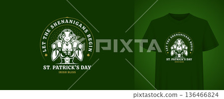 Saint Patricks Day T-Shirt Design With Woman And Beer Vector Illustration Template 136466824