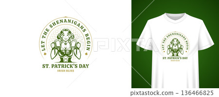St Patricks Day T-Shirt Print Vector Illustration Template With Girl And Beer Mugs St Patricks Day T-Shirt Print Vector Illustration Template With Girl And Beer Mugs 136466825