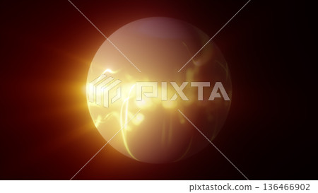 Intense golden energy sphere glowing with bright swirling light waves and warm radiant flares in a dark background Intense golden energy sphere glowing with bright swirling light waves and warm radiant flares in a dark background 136466902
