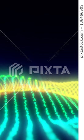 Bright neon waves of green and yellow particles forming a futuristic digital grid surface Bright neon waves of green and yellow particles forming a futuristic digital grid surface 136466905