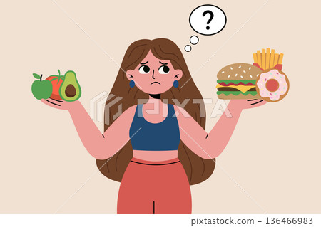 Vector illustration of a person holding healthy vegetables in one hand and junk food in the other, representing dietary dilemmas and balanced choices Vector illustration of a person holding healthy vegetables in one hand and junk food in the other, representing dietary dilemmas and balanced choices 136466983