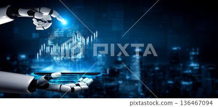Futuristic Robot Hand Displaying Digital Interface and Data Analysis on Smartphone in Modern City Background with Blue Light and Technology Concept Scalp 136467094