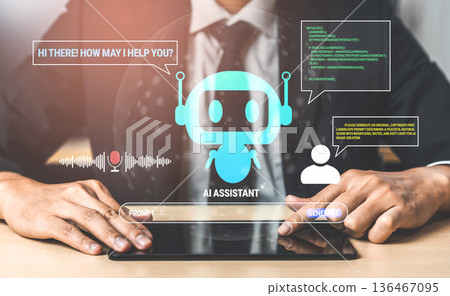 Professional Businessman Engaging with AI Assistant Technology for Customer Support and Virtual Interaction in Modern Workplace Setting Quark Professional Businessman Engaging with AI Assistant Technology for Customer Support and Virtual Interaction in Modern Workplace Setting Quark 136467095