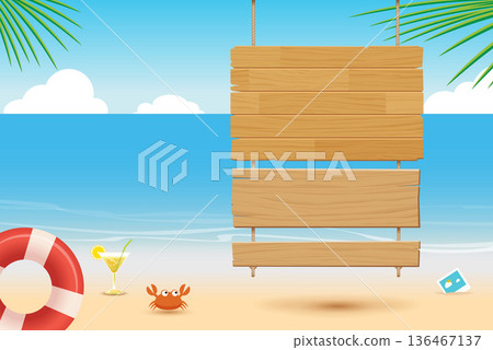 Summer tropical beach background with hanging wooden sign for advertising and promotion. 136467137