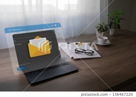 Mail inbox organization new message interface on laptop, inbox representing digital communication, workflow automation, email management workflow for business administration 136467220