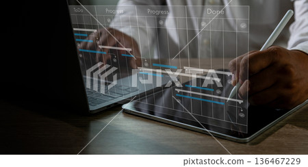 A project management dashboard Project planning workflow timeline to do, representing schedule control, milestone tracking, the project timeline 136467229