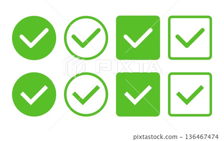 Green check tick and mark icon list with checklist correct. Done box sign and green good symbol. Ok approved mark design for success. 136467474