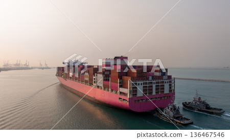 Aerial view container ship carrier container on sea, Global business logistics and Global trade transportation by container ship, Container ship freight shipping import export logistics supply chain. 136467546