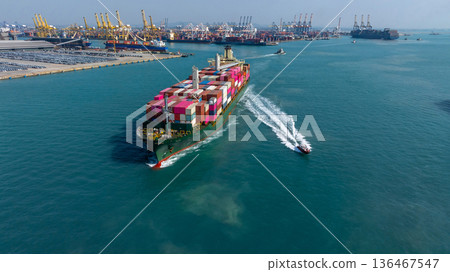 Aerial view container ship carrier container on the sea, Global business logistics and Global trade transportation, Container ship freight shipping import export logistics supply chain. 136467547