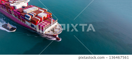 Aerial view container ship carrier container on sea, Global business logistics and Global trade transportation by container ship, Container ship freight shipping import export logistics supply chain. Aerial view container ship carrier container on sea, Global business logistics and Global trade transportation by container ship, Container ship freight shipping import export logistics supply chain. 136467561