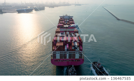 Aerial view container ship carrier container on sea, Global business logistics and Global trade transportation by container ship, Container ship freight shipping import export logistics supply chain. 136467585