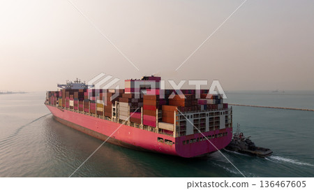 Aerial view container ship carrier container on sea, Global business logistics and Global trade transportation by container ship, Container ship freight shipping import export logistics supply chain. Aerial view container ship carrier container on sea, Global business logistics and Global trade transportation by container ship, Container ship freight shipping import export logistics supply chain. 136467605