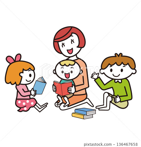 Mother and children holding a baby and reading a picture book Mother and children holding a baby and reading a picture book 136467658