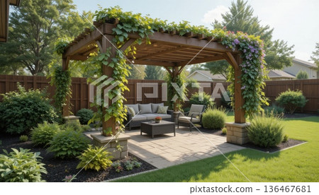 Wooden Pergola Covered With Plants in a Sunny Backyard With Seating and Greenery in the Afternoon 136467681