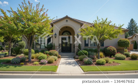 Beautiful House With Well-Kept Lawn and Garden Displayed in Bright Sunlight in a Suburban Neighborhood 136467682