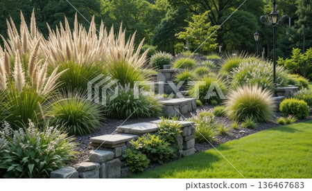 Lush Garden Landscape With Steps and Diverse Plant Life in a Sunny Outdoor Setting 136467683
