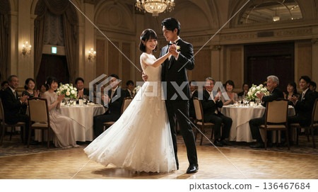 一對日本新郎新娘在宴會廳的舞池裡，當著賓客的面跳著他們的第一支舞。 136467684