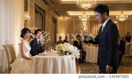 婚禮招待會上，日本新郎新娘被致詞感動得熱淚盈眶，賓客們也紛紛發表祝賀致詞。 136467685