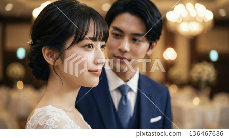 一位美麗的日本新娘在婚宴現場凝視遠方，新郎則溫柔地看著她。 136467686