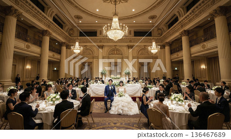 從高空俯瞰，可以看到新郎新娘和他們的賓客坐在一起，俯瞰整個豪華的宴會廳。 136467689