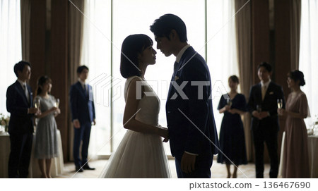 窗外逆光下，一對日本新郎新娘側臉對視，勾勒出剪影般的輪廓。 136467690