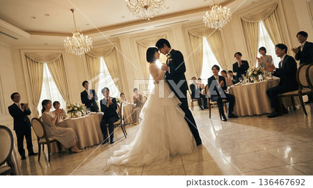 新郎新娘在宴會廳的舞池裡跳華爾茲，賓客們觀看並鼓掌。 136467692